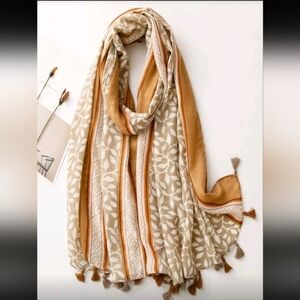 Boho Leaf Patterned Beige and Orange Lightweight Spring Summer Scarf